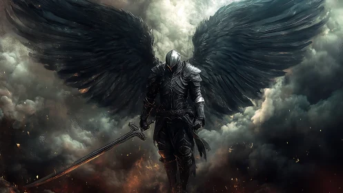 Dark armored angel with black wings stands in burning clouds