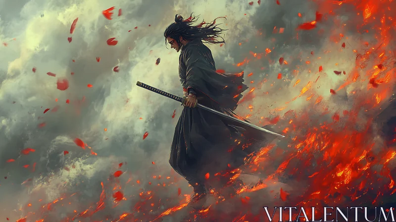 Samurai figure walking through fire and smoke field.
