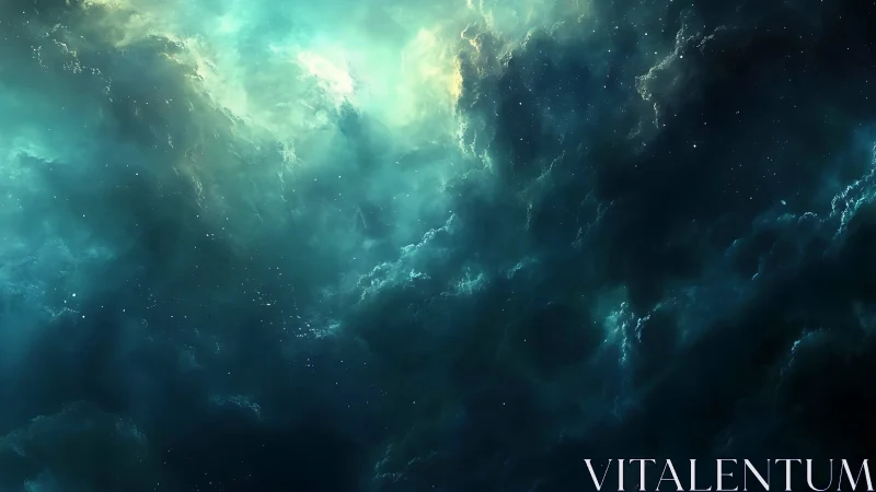 Celestial stormclouds cradle a glowing turquoise nebula sky.