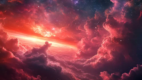 Digital nebula landscape shows vivid red clouds and stars