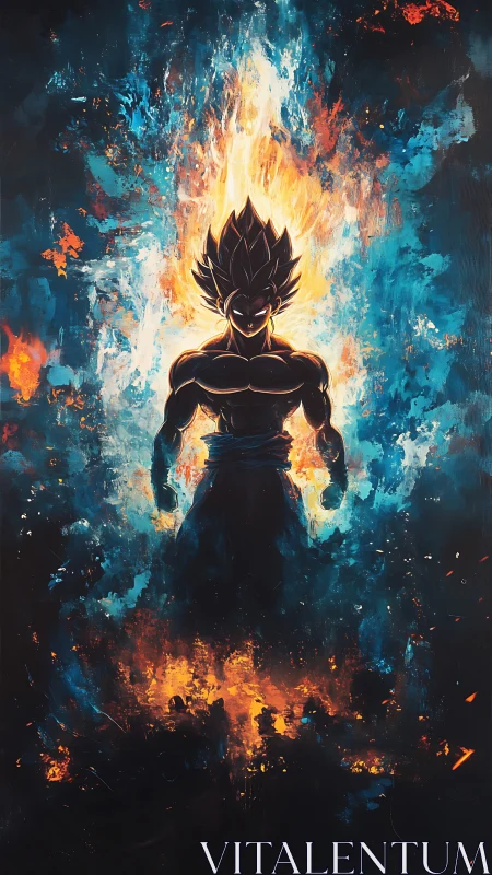 Silhouetted energy warrior stands within blazing cosmic aura