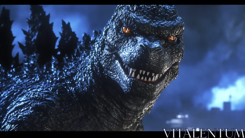 Detailed reptilian creature in nighttime urban environment.