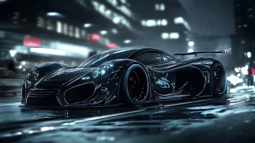 Futuristic black hypercar glides through neon city rainstorm.
