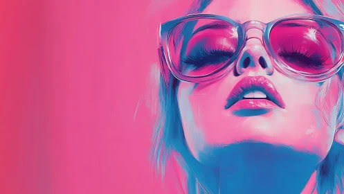 Neon pink and blue portrait of woman in oversized sunglasses.