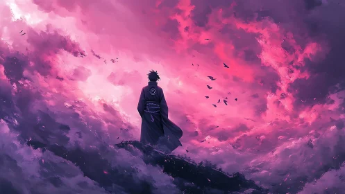 Solitary robed figure under dense magenta cloud field.