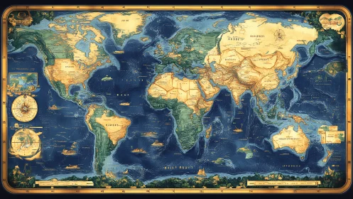 World map illustration shows continents with nautical details