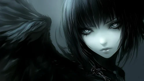 Dark angel portrait shows luminous eyes over shadowed wings