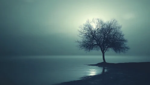 Solitary leafless tree on lakeshore at diffused moonlight.