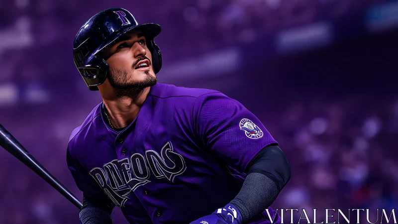 Night-splashed slugger watches a soaring shot in violet haze.