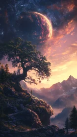 Colossal burning planet dominates a luminous alpine twilight sky