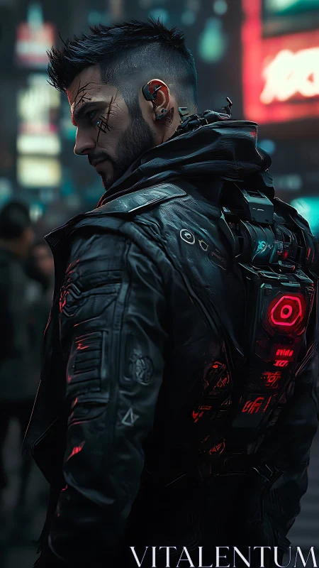 Augmented cybernetic operative in neon-lit urban alleyway