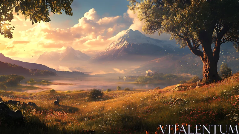 Golden mountain valley at sunset with peaceful wildflower meadow.