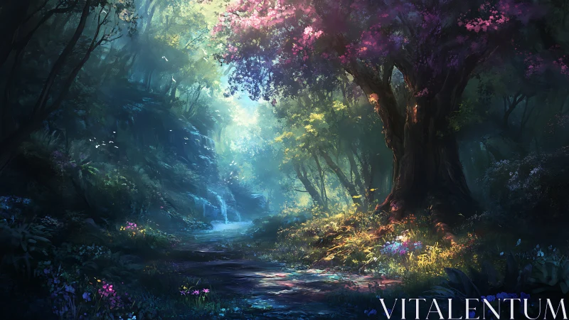 Digital forest scene with layered luminosity and chromatic foliage