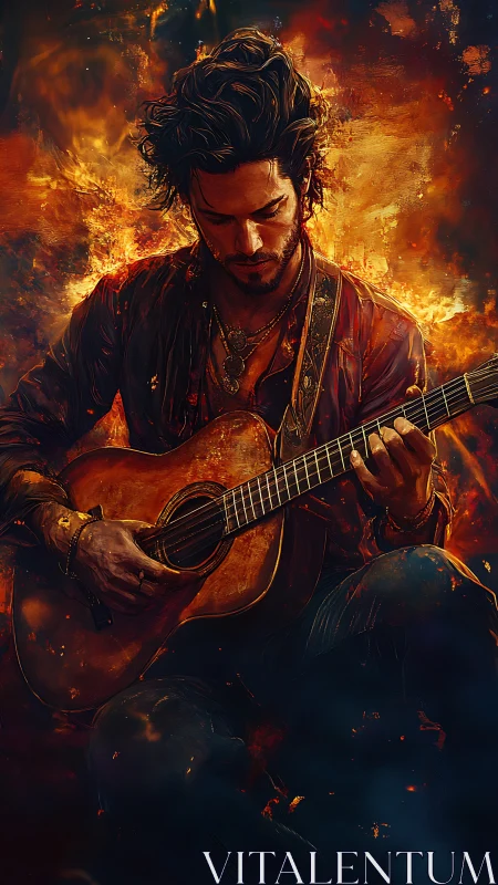 Guitarist glows in fiery light while lost in warm melody