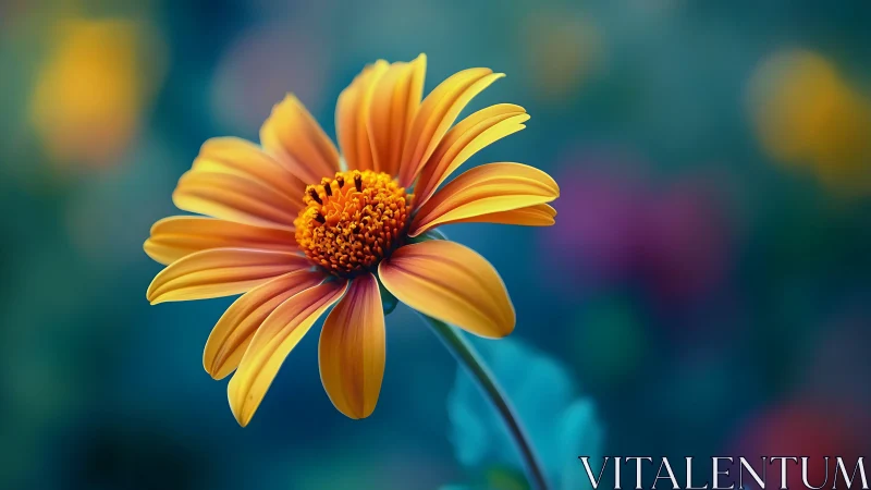 Gerbera daisy with yellow-orange petals against blurred teal background.