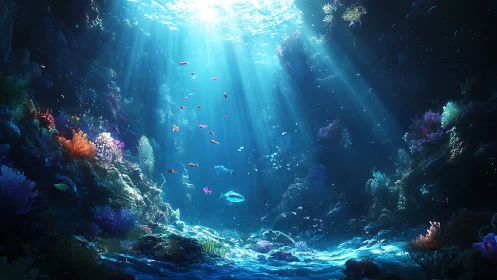 Sunlit coral canyon reveals vivid underwater reef depth.