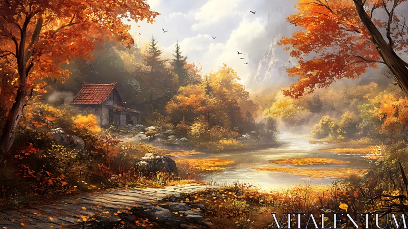 Autumnal riverside cabin in volumetric mist and warm foliage.