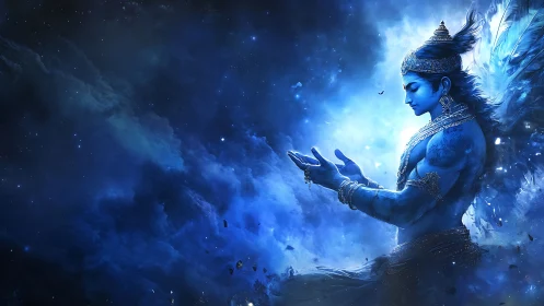 Blue celestial deity in glowing cosmic nebula scene.