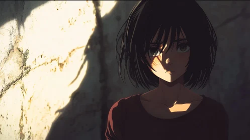 Anime portrait in harsh raking light against distressed wall.