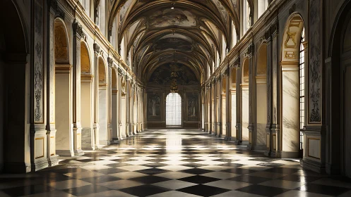 Sunlit baroque palace corridor with checkered marble floor.