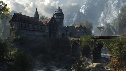 Medieval stone fortress with ivy bridge in misty valley.