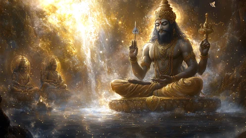 Seated deity figures occupy a luminous, reflective cavern space