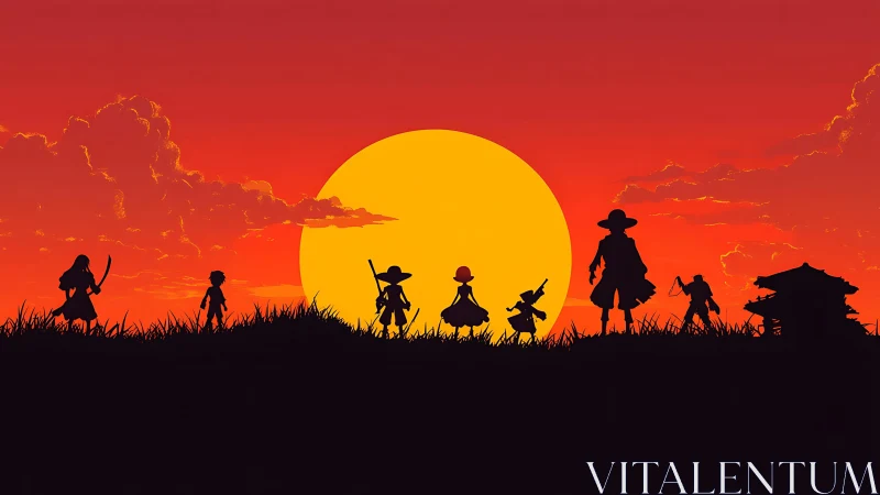 Silhouetted figures on grassy ridge against large sunset.