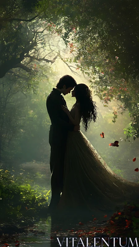 Romantic Forest Embrace: Silhouetted Couple Under Luminous Canopy.