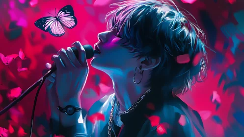 Neon-lit vocalist in profile sings toward luminous butterfly