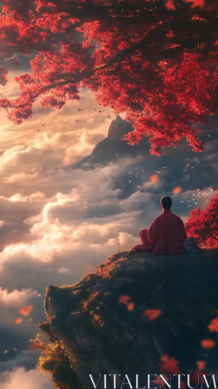 Monk above the clouds beneath a blazing crimson maple sky.