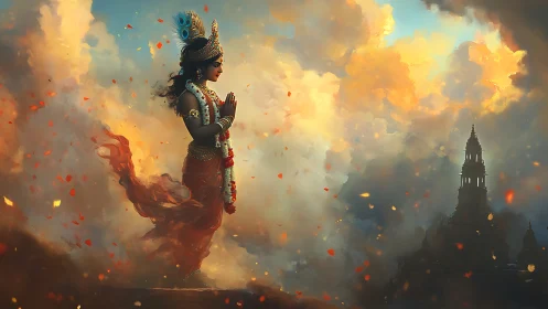 Serene skyward prayer among glowing temple clouds.