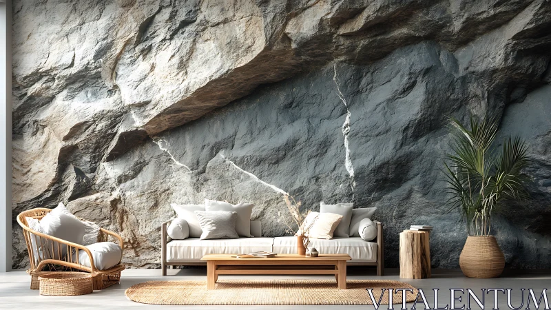 Rock wall mural anchors serene modern natural living room
