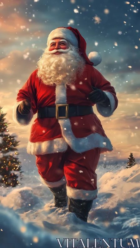 Santa Claus figure walking in snowy outdoor landscape at dusk.