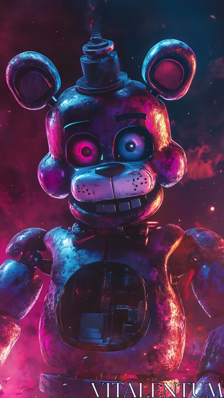 Damaged neon-lit animatronic bear with exposed torso cavity