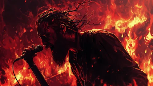 Metal vocalist screaming amid inferno of swirling flames.