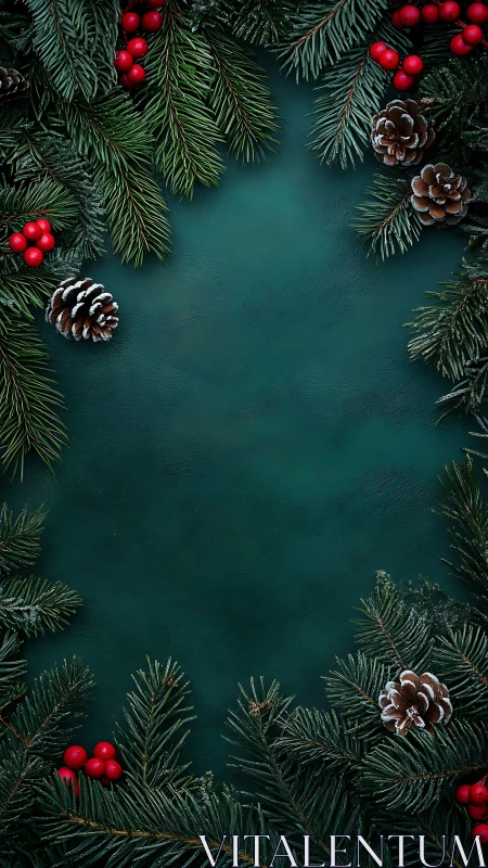 Evergreen holiday frame with frosted pinecones and berries.