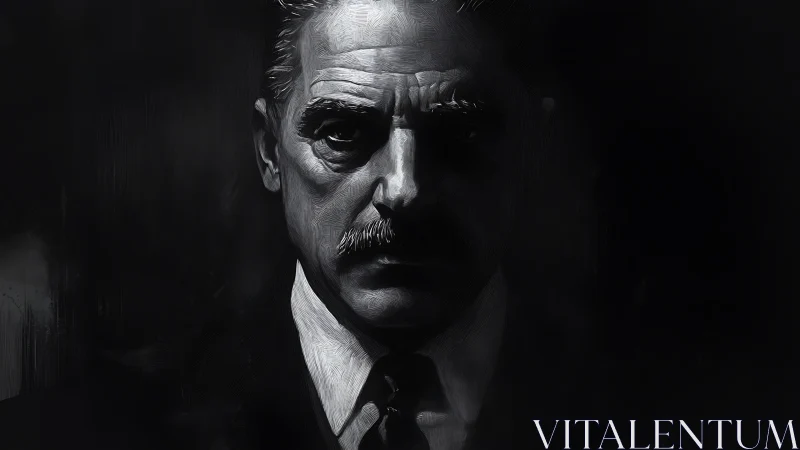 Stoic older man portrait in stark monochrome chiaroscuro.