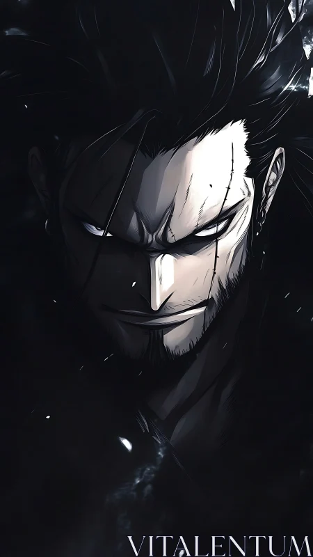 Shadowed anime antihero emerges from darkness in profile
