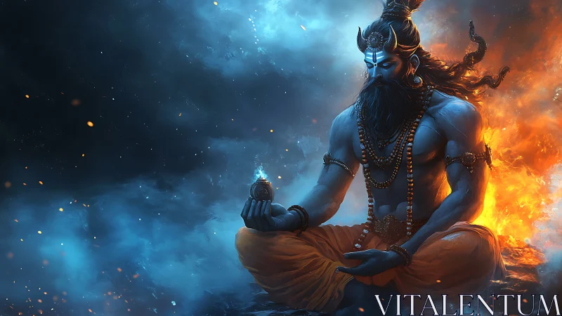 Mythic blue-skinned figure meditating amid fire and smoke.