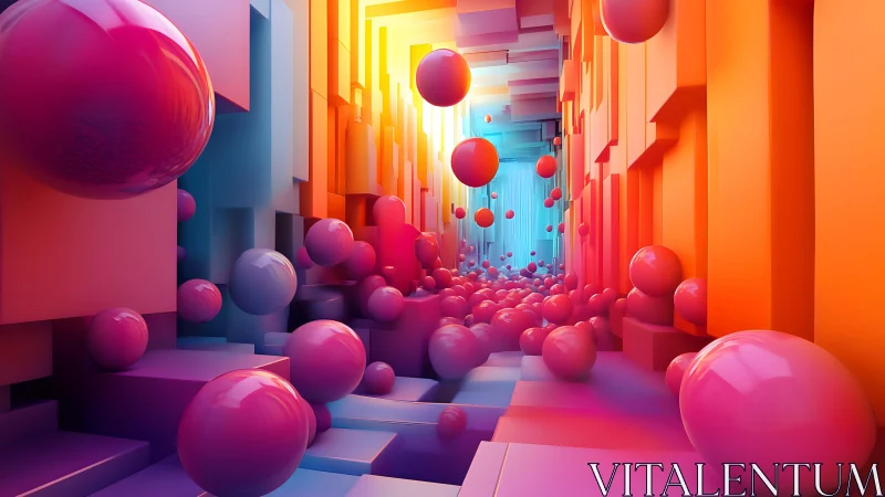 Sunlit tunnel of playful glossy spheres in bold color fields.