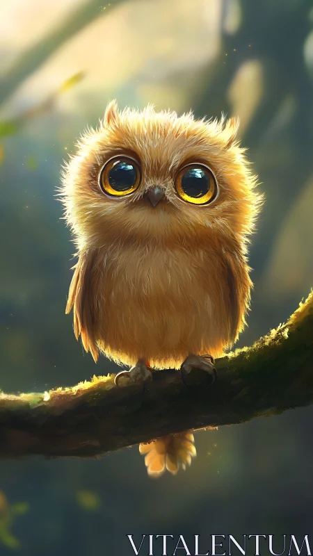 Tiny golden owl with huge eyes perches on mossy branch