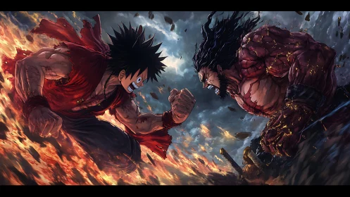 Two muscular anime fighters charge toward each other in flames