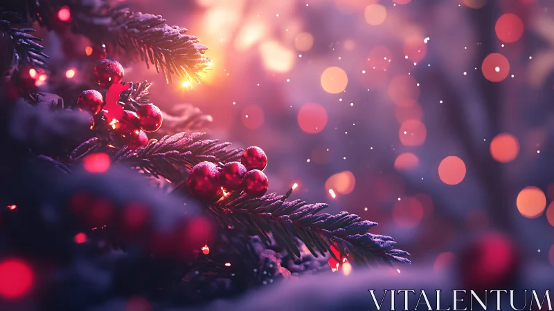 Crimson berries whisper under snowfall and blurred winter lights