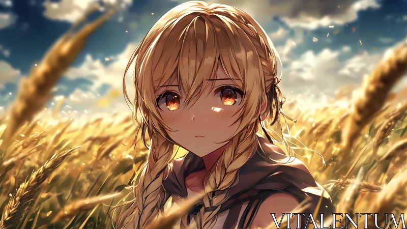 Sunlit wheatfield portrait of braided anime girl at dusk.