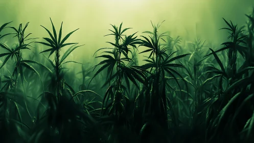 Lush cannabis field rises through moody green twilight haze.