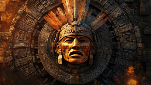 Digital relief of Aztec sun stone mask with fiery accents.