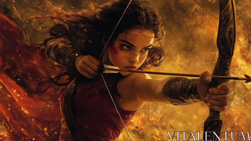 Flame-kissed archer steadies a burning arrow through chaos