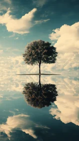 Solitary tree mirrored on calm reflective water surface.