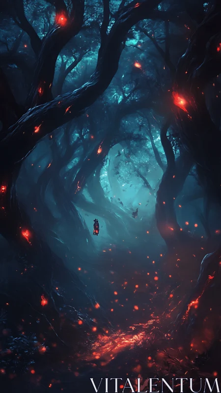 Enchanted forest corridor glows with emberlit spectral mist.