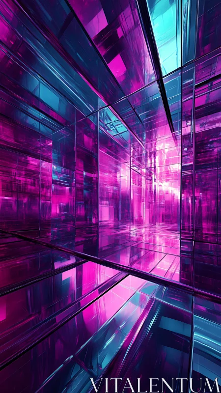 Neon magenta cyan mirrored tunnel in reflective glass prisms